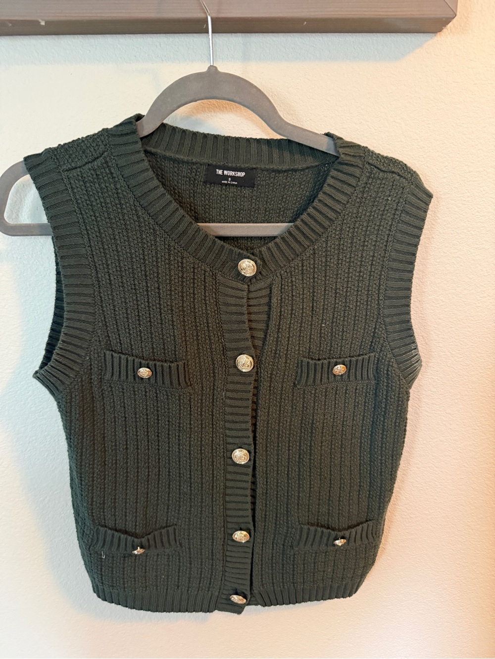 Workshop Republic Clothing Dark Green Ribbed Button Vest with Gold Buttons